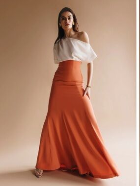 JAMIL Tala Skirt Orange Maxi Satin High Waist Elegant Formal Skirt Size S NWT